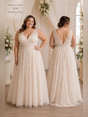 Melissa Sweet Still White Wedding Dress 18W Champagne Beaded Lace Gown romantic